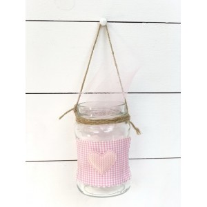 Christening favor for girl glass lantern decorated with pink checkered fabric and heart