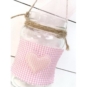 Christening favor for girl glass lantern decorated with pink checkered fabric and heart