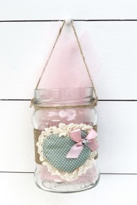 Christening favor for girl glass vintage lantern decorated with burlap and heart