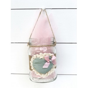 Christening favor for girl glass vintage lantern decorated with burlap and heart