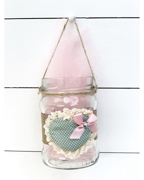 Christening favor for girl glass vintage lantern decorated with burlap and heart Favors
