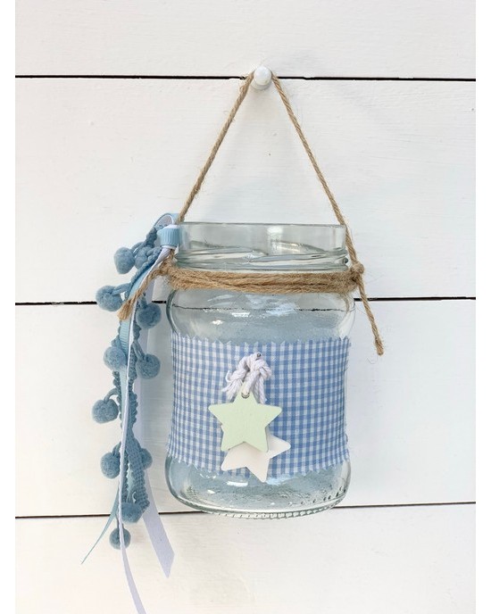 Christening favor for boy glass lantern decorated with checkered  fabric and stars Favors