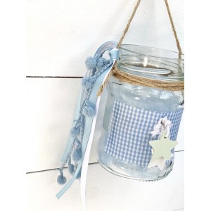 Christening favor for boy glass lantern decorated with checkered  fabric and stars