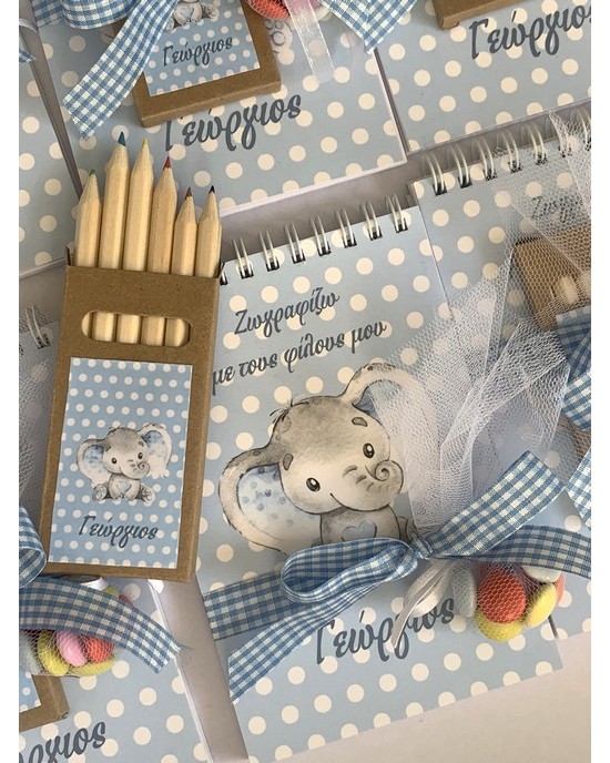 Children favor, notebook and colored pencils, printed with the theme of your choice Favors