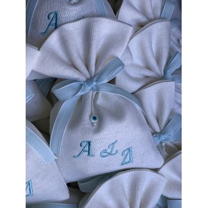 Christening favor for boy or girl,  linen pouch with embroidered monogram