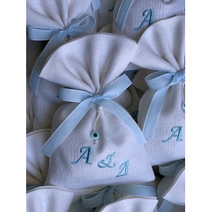 Christening favor for boy or girl,  linen pouch with embroidered monogram