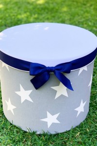 Chtristening round box for boy or girl made of fabric with stars 