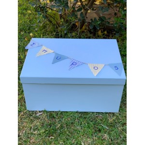 Christening box  for boy with the  name of the baby in little flags