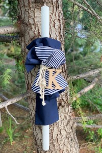 Christening candle for boy with navy blue striped and monogram