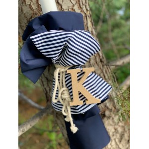 Christening candle for boy with navy blue striped and monogram