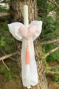 Christening candle for girl with big bow and  fabric heart with charms