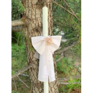 Christening candle for girl  with bow made of cotton broderie lace