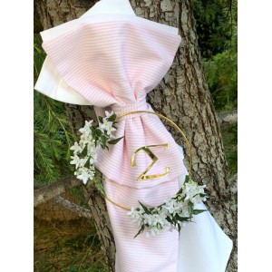 Christening candle for girl with baby pink striped  & white cotton textile and gold wreath with flowers and monogramm