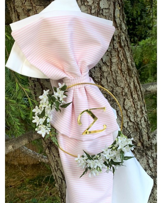 Christening candle for girl with baby pink striped  & white cotton textile and gold wreath with flowers and monogramm Christening candles