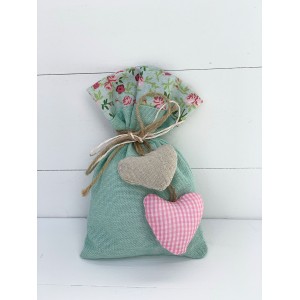 Christening favor for girl, pouch with fabric hearts