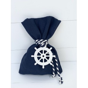 Christening favor for boy navy blue pouch with wooden wheel