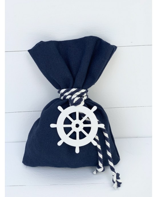 Christening favor for boy navy blue pouch with wooden wheel Favors
