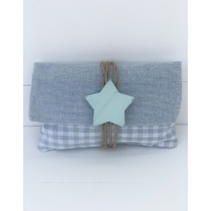 Christening favor for boy, fabric envelope with wooden star