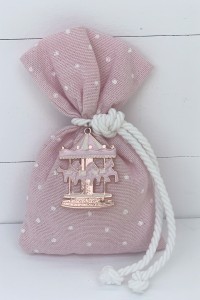 Christening favor for girl, pink polka dot pouch with carousel