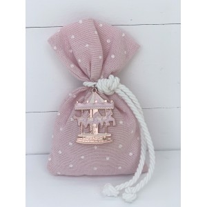Christening favor for girl, pink polka dot pouch with carousel
