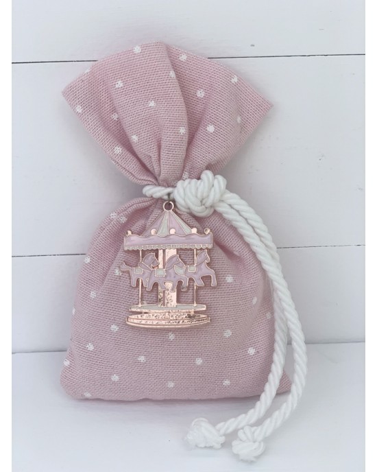 Christening favor for girl, pink polka dot pouch with carousel Favors