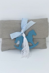 Chrstening favor for boy fabric envelope with wooden horse