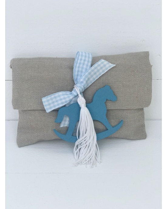 Chrstening favor for boy fabric envelope with wooden horse Favors
