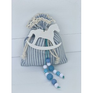 Christeninh favor for boy, pouch with beads and wooden horse