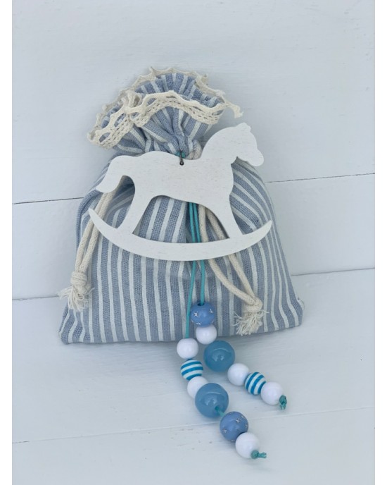 Christeninh favor for boy, pouch with beads and wooden horse Favors