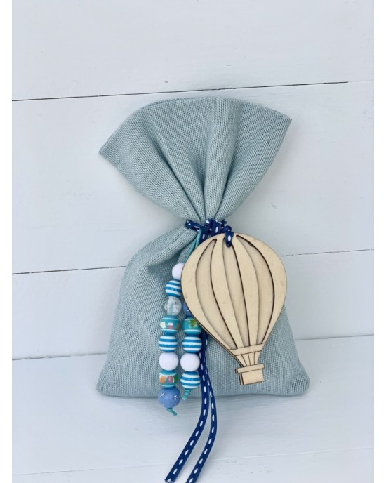 Christening favor for boy, pouch with hot-air balloon and beads Favors