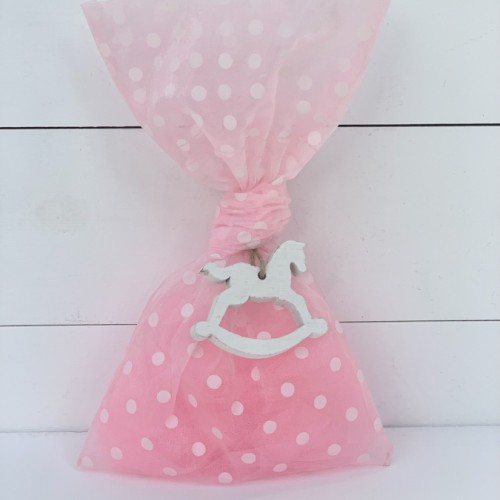 Christening favor for girl pink polka dot pouch with wooden horse