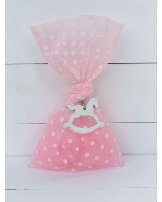 Christening favor for girl pink polka dot pouch with wooden horse Favors
