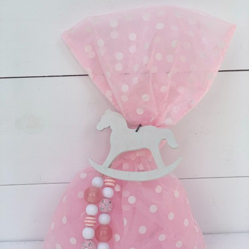 Christening favor for girl, pink polka dot pouch rith wooden horse and beads
