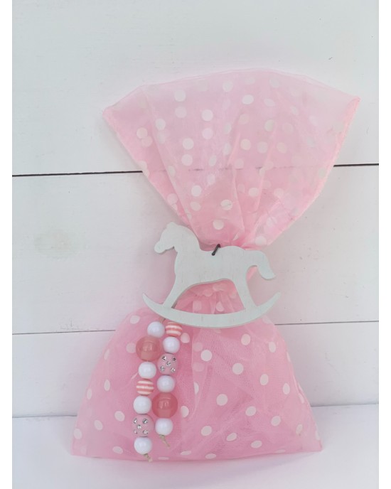 Christening favor for girl, pink polka dot pouch rith wooden horse and beads Favors