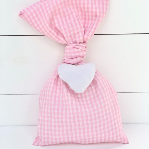 Christening favor for girl, pink skechered pouch with fabric heart