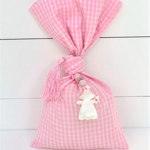 Christening favor for girl pink skechered pouch with fairy