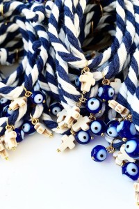 Christening martyrika for boy, bracelets made of cord with evil eye and cross