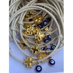Christening martyrika for boy, bracelets made of cord, gold cross and evil eye