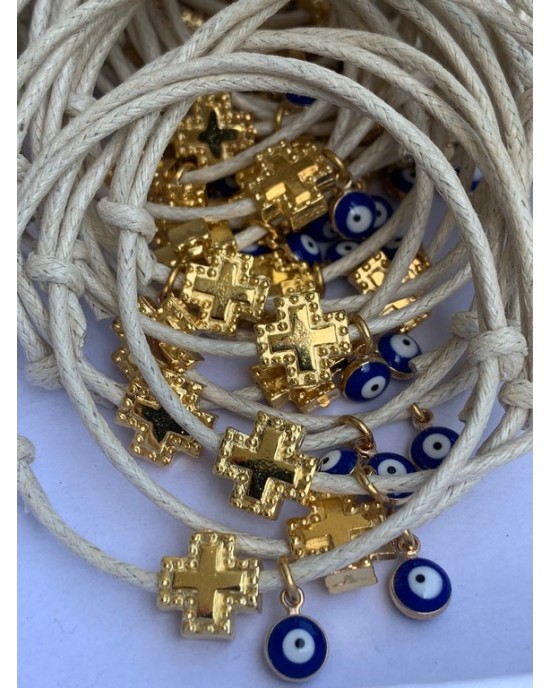 Christening martyrika for boy, bracelets made of cord, gold cross and evil eye Martirika