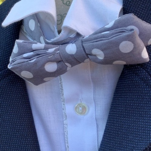Baptism set for boy with grey polka dot bow-tie