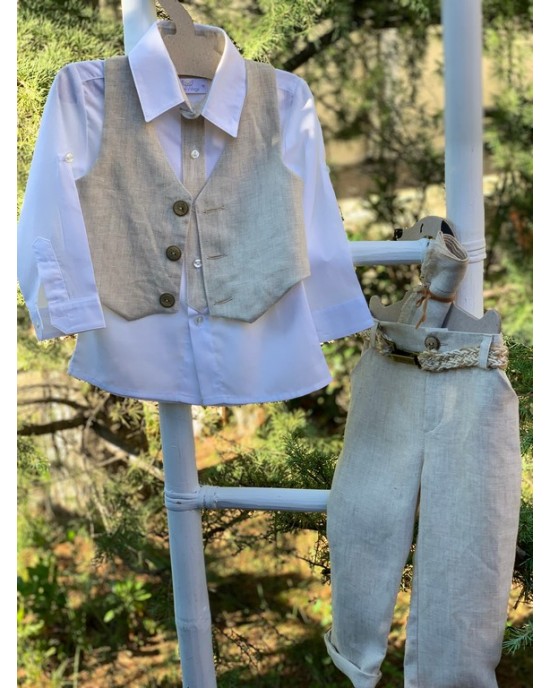 Baptism set for boy in beige linen Christening clothes