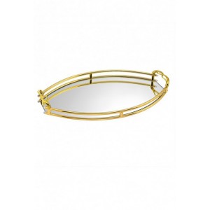 Oval mirror tray with metal details in the handles