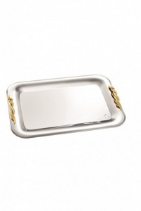 Rectangle inox tray with gold details in the handles