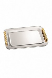 Rectangle inox tray with gold details in the handles