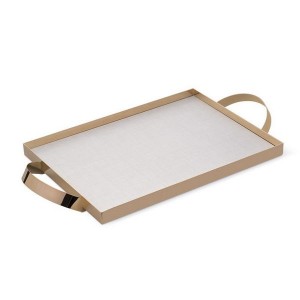 Rectangle tray with wooden base and gold details in the handles