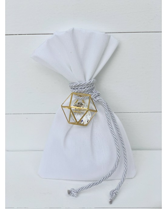 Wedding favor silk pouch with  decorative diamond inside a gold geometric shape Favors