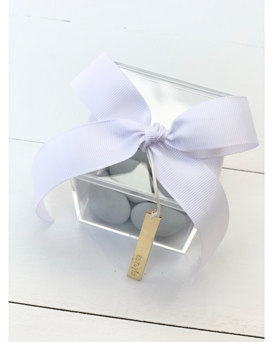 Μπομπονιέρα γάμου κουτί plexi glass με ετικέτα με ευχή Μπομπονιέρες