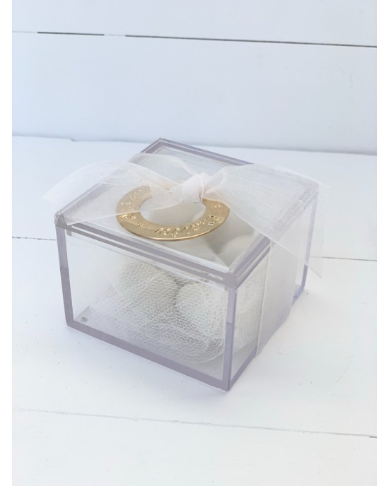 Μπομπονιέρα γάμου κουτί plexi glass με χρυσό κρίκο με ευχές Μπομπονιέρες