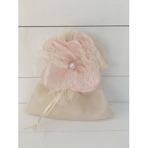 Wedding favor pouch with handmade peony flower and lace