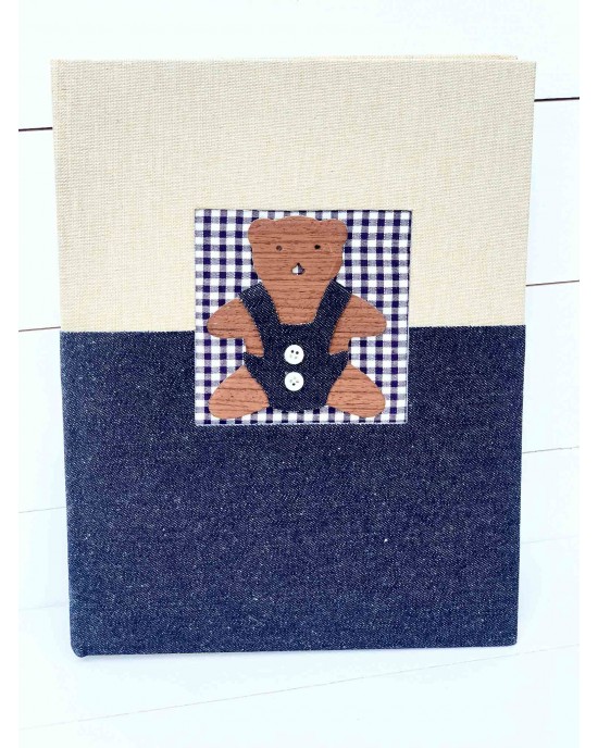 Wish book with ivory & jean fabric and wooden bear Wish books